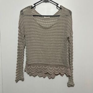 Vintage Y2K Womens Open Knit Sweater Size M Crochet Lace Trim Long Sleeve Boho